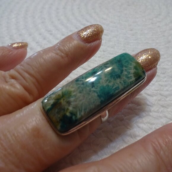 Gorgeous TEAL FOSSIL CORAL Handmade Sterling 925 Ring Size 7.75 #973C - Picture 1 of 3